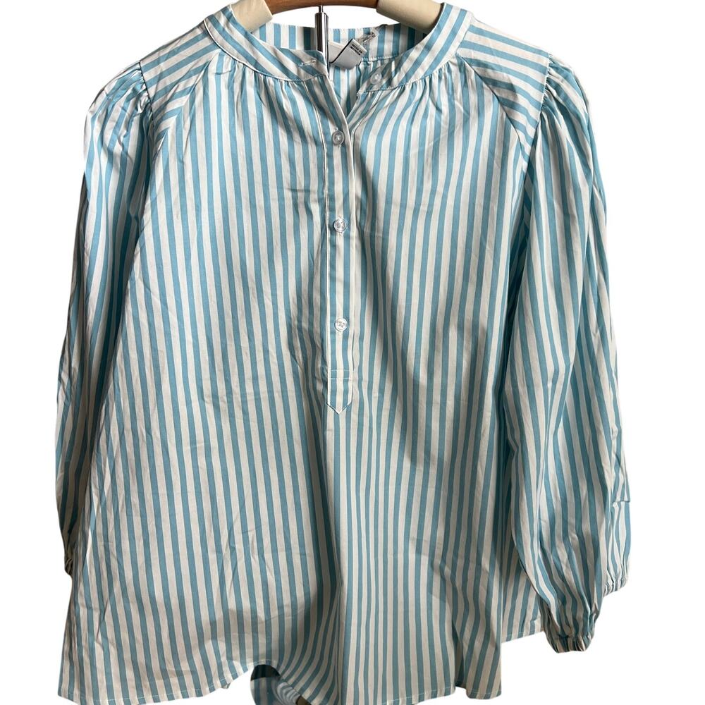 A New Day Women's Blue Striped Puff Sleeve Popover Blouse - Size Small - NWT